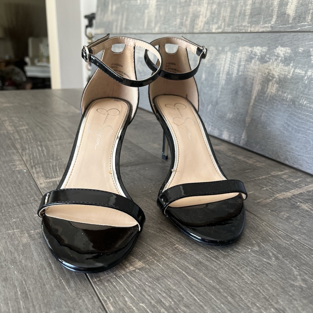 Jessica Simpson Chic Black Patent Strappy Heels Minimal Ankle Strap Stiletto 7M - Picture 2 of 15